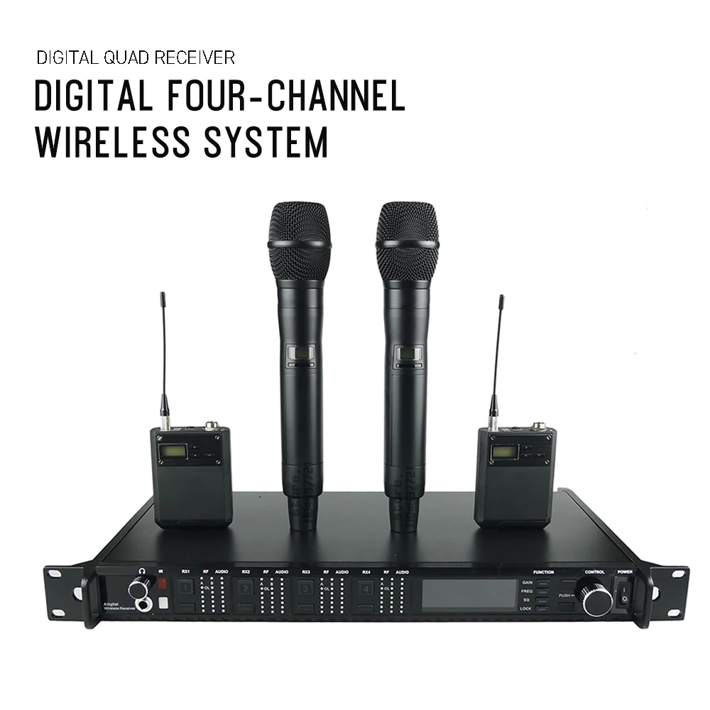 AD4Q Wireless Microphone Four Channel Digital Audio System with Dual Handheld Bodypack Transmitter For Live Vocal Stage Karaoke