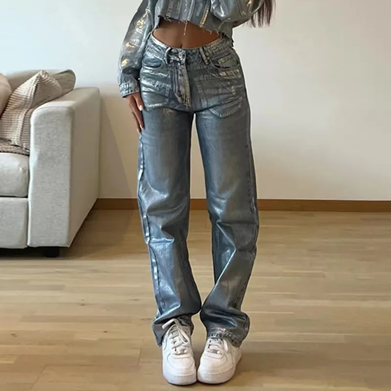 

Women High Waist Wide Leg Pants Shiny Straight Pants Long Palazzo Casual Trendy Trousers 2024 Spring Autumn Winter New Jeans