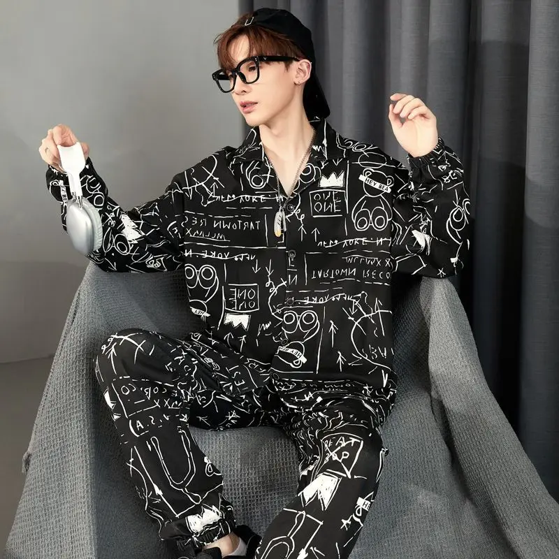 Men Spring Autumn Pajamas 2024 New Long-Sleeved Cardigan Pure Cotton Cartoon Youth Nightclothes Suit Casual Large Size Homewear