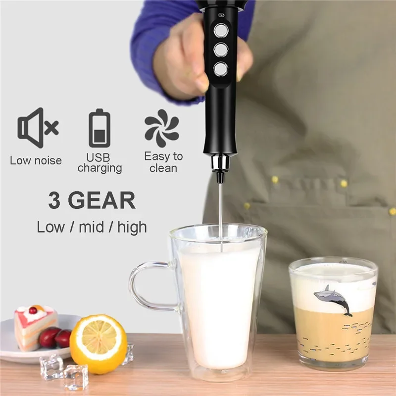 Electric Foamer Mixer Whisk Beater Stirrer 3-Speeds Coffee Milk Drink Frother USB Rechargeable Handheld Food Blender Whisk 6