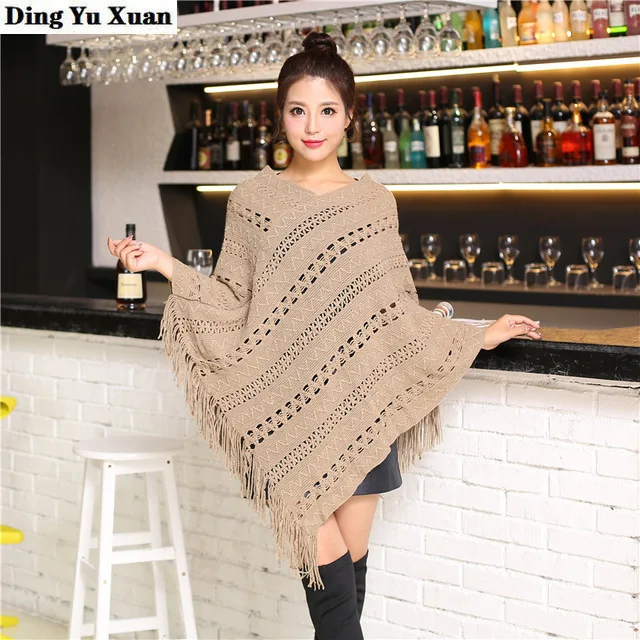 Ponchos and Capes Winter Women Loose Crochet Knitted Cape Coat Femme V-neck Shawl Pullover Mujer Tassel - AliExpress