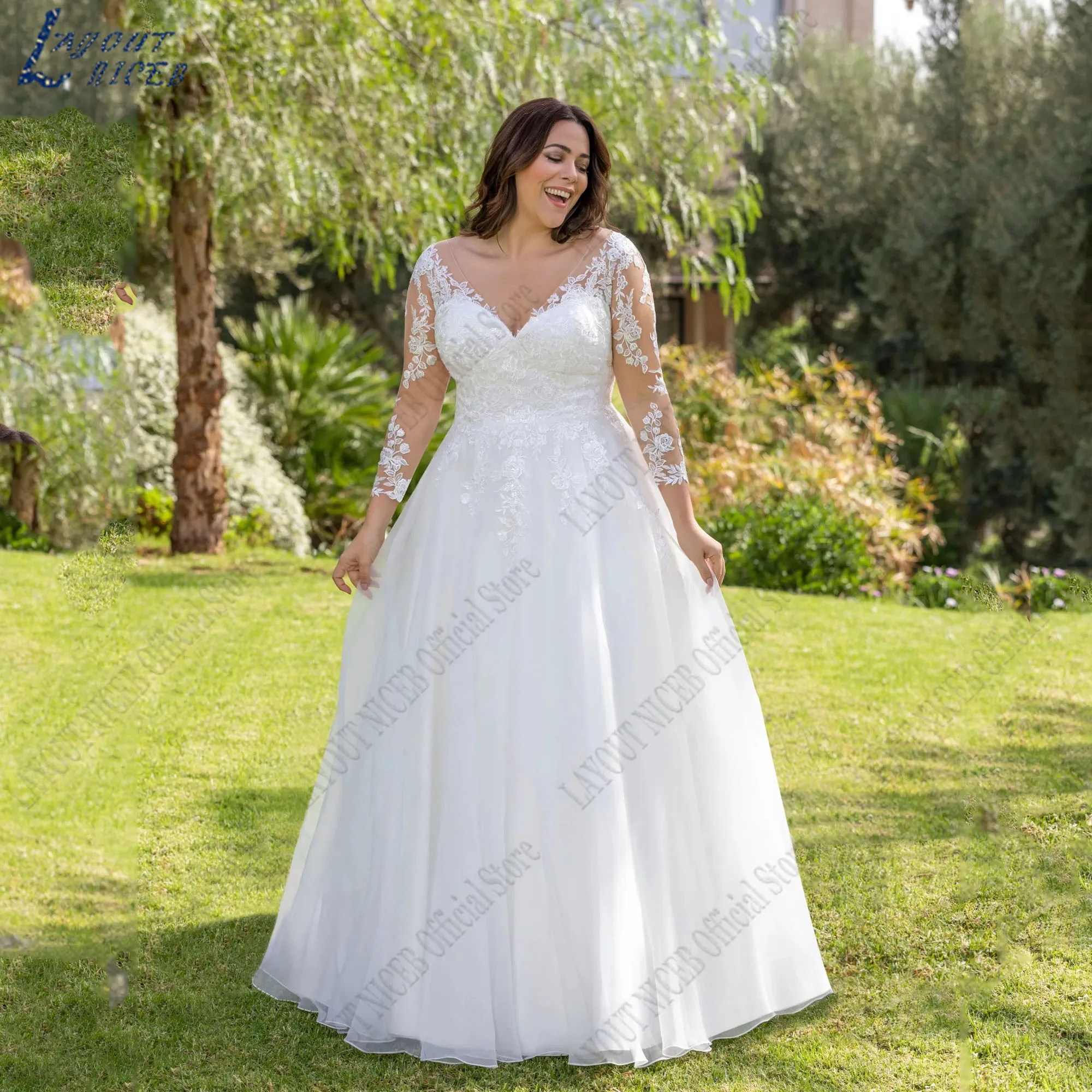 LAYOUT NICEB Plus Size Lace Wedding Dress 2024 Bride Long Sleeves A-Line Tulle Robes De Mariée Woman Applique V-Neck Bridal Gown