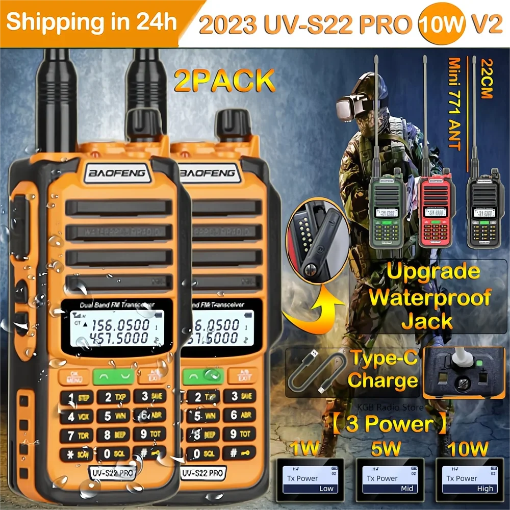 2PACK BaoFeng UV S22 PRO V2 10W IP68 Walkie Talkie Dual Band 136-174/400-520MHz 50KM  Long Range Radio Upgraded Of UV5R UV9R S22 2