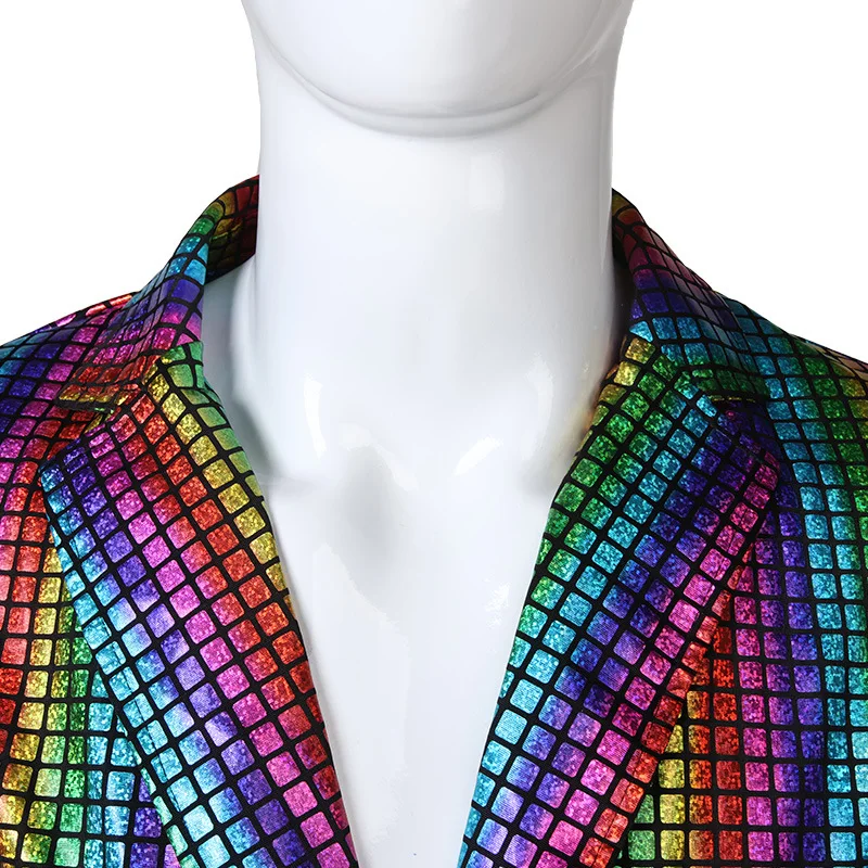 Men's Halloween Rainbow Grid Gold Silver Hot Stamping Stage Nightclub Cool Performance Shiny Suit Jacket + pants 2-piece Set