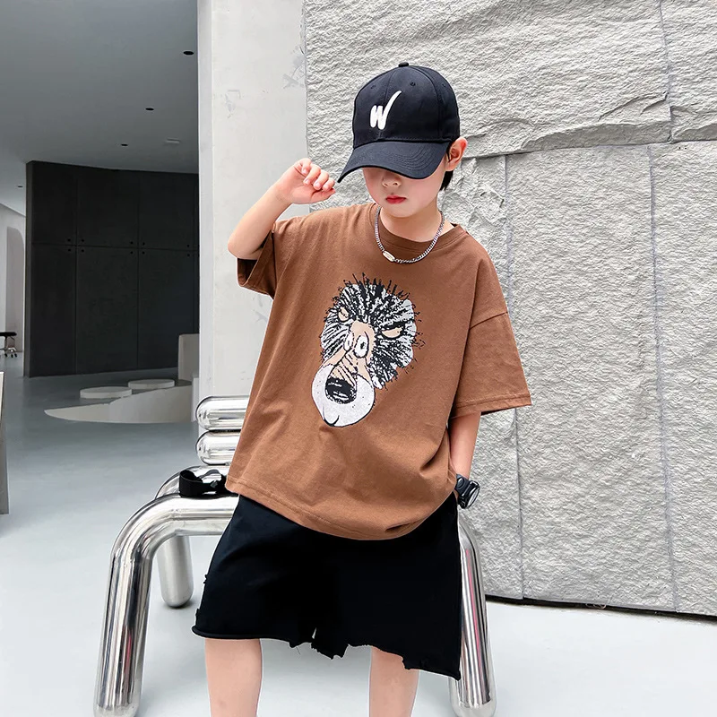 

Fashion Brand Loose Cartoon Boy CottonTSummer T-shirt2024New Children's Short Sleeve T-shirt Middle and Big Children's Half Slee