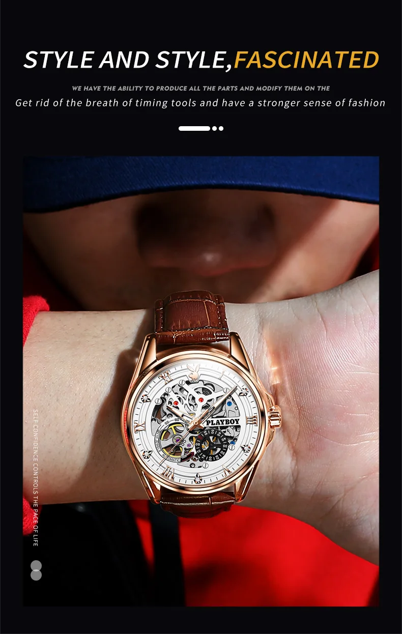 PLAYBOY 3032 Automatische Mechanische Uhren für Herren Skelett-Chronograph Leuchtend Wasserdicht Luxus Original Marke Herrenuhren – Detail 6