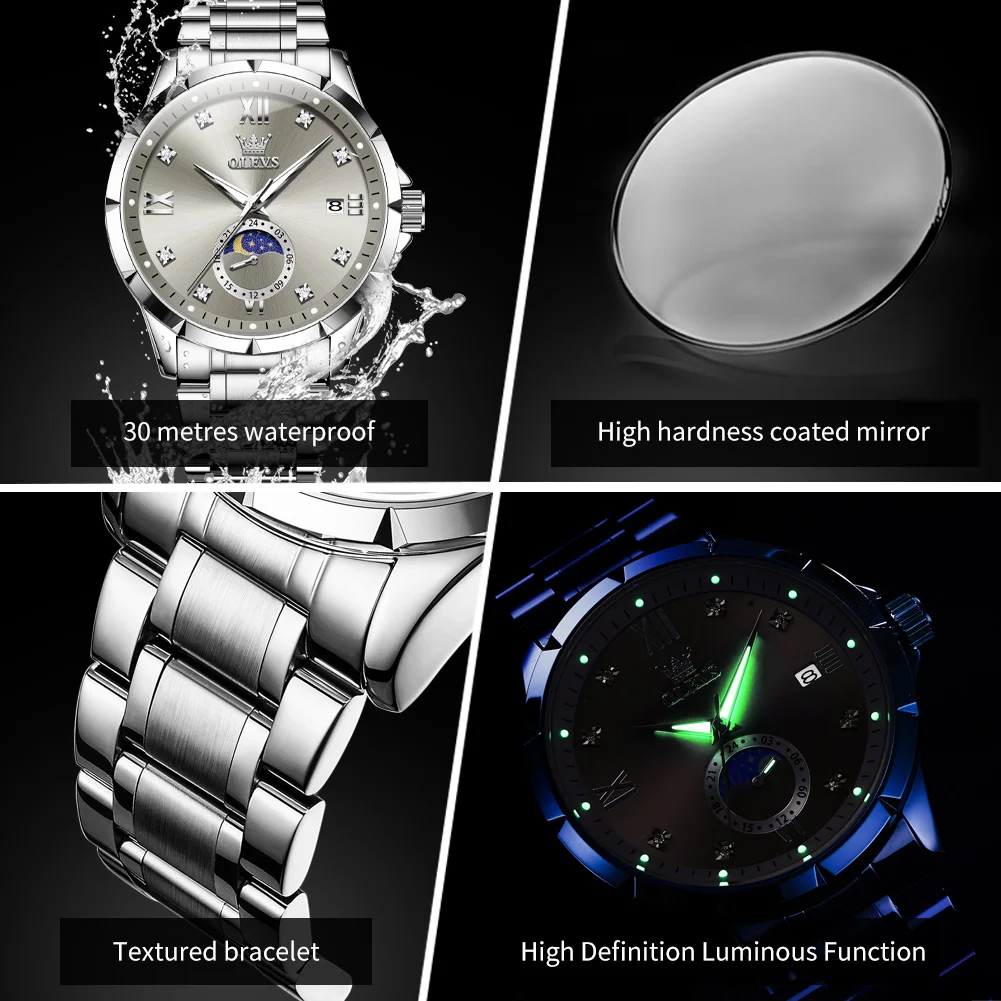 OLEVS Orologi da uomo Orologio da lavoro al quarzo per uomo Data Orologio da polso con fasi lunari 2025 Nuovo orologio di moda di lusso impermeabile 2956  1511