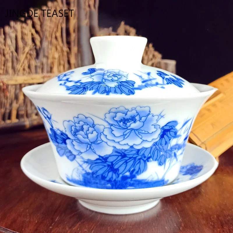Jingdezhen Ceramic Gaiwan Flower pattern Teacup Handmade Tea tureen Chinese White porcelain Tea set Accessories Tea Ceremony