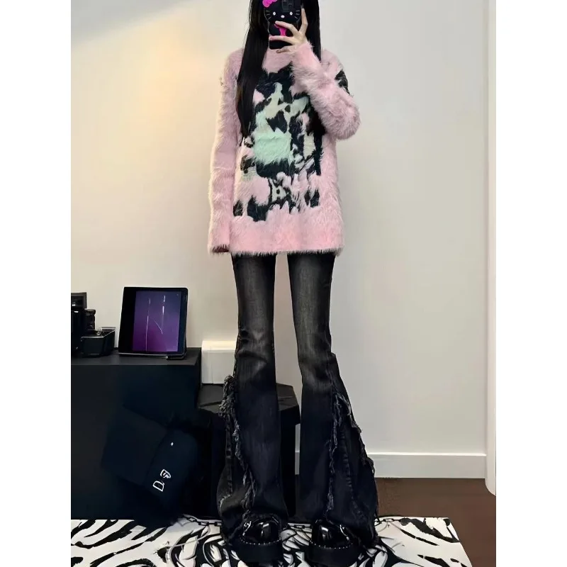American Style Retro High Street Ruffled Denim Jeans for Women in Autumn Low Waisted High Elastic Slimming Wide Leg Mop Pants 4