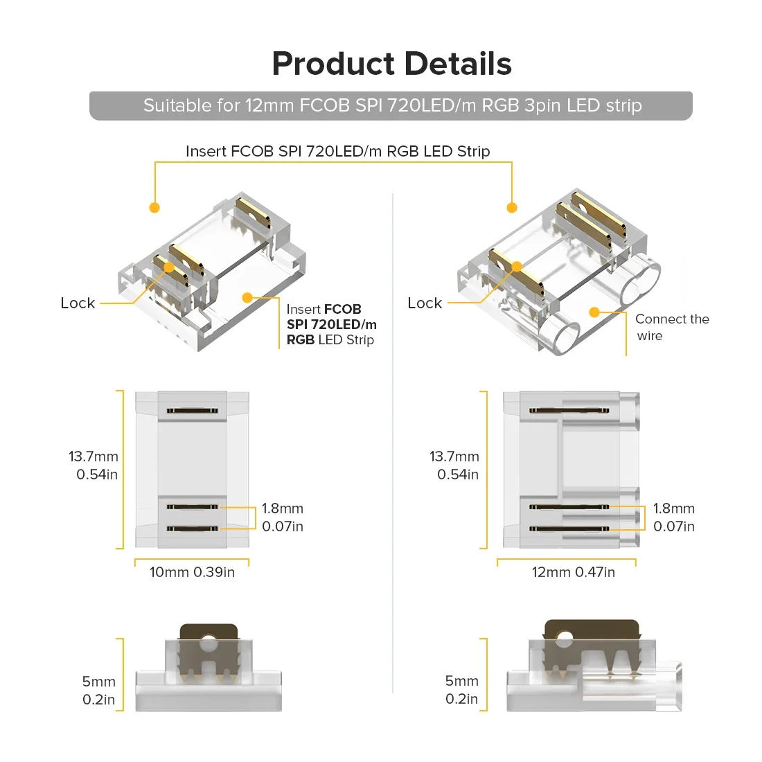 12-24 PCS FCOB Transparent Connectors Solderless Cover for PWM 5pin RGBW 6pin RGBCCT SPI 3pin RGBIC 12mm FOB COB LED Strip Light