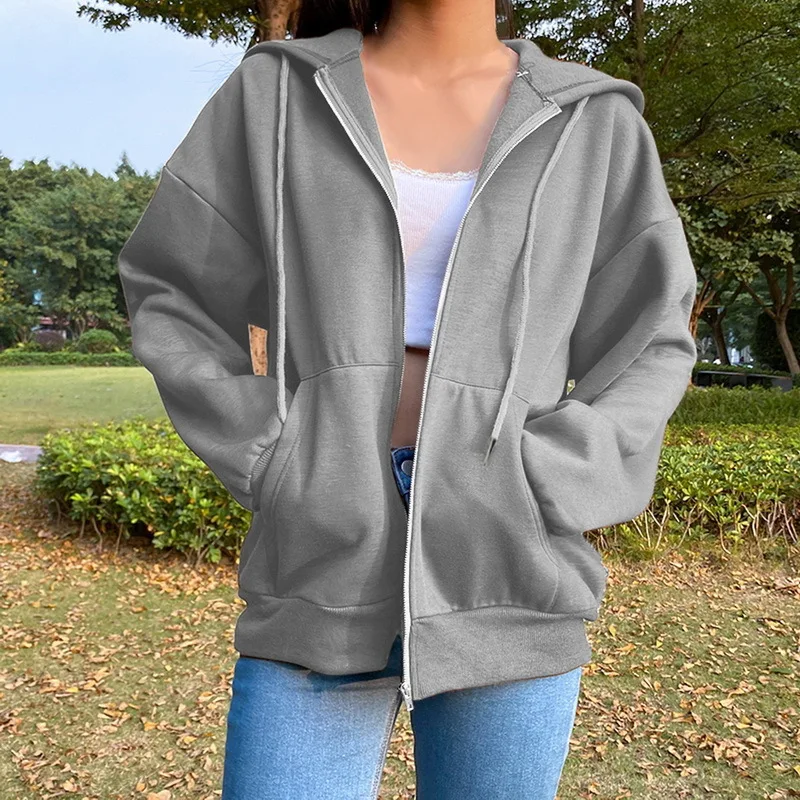 Y2k Clothes Hoodies Sweatshirt Solid Drawstring Zip Up Drop Shoulder Hoodie Women Oversize Coat Harajuku Streetwear Tops