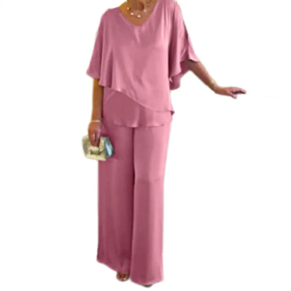 Mother Spring Suit Elegant Women's V Neck Bat Sleeve Top Wide Leg Pants Set Breathable Summer Spring Mother T-shirt Trousers