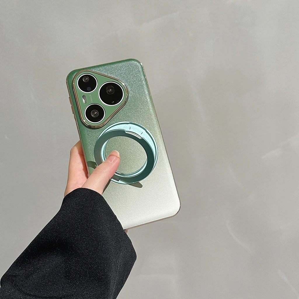 Luxury Gradient Faux Leather Phone Case with Electroplated Border and 360° Rotatable Stand