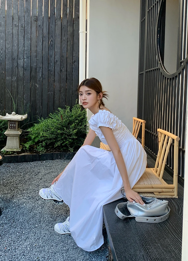 Casual Solid Midi Dresses for Women Korean Chic V-neck Backless High Waist Puff Sleeve A-line Party Dress Summer Vestidos Mujer