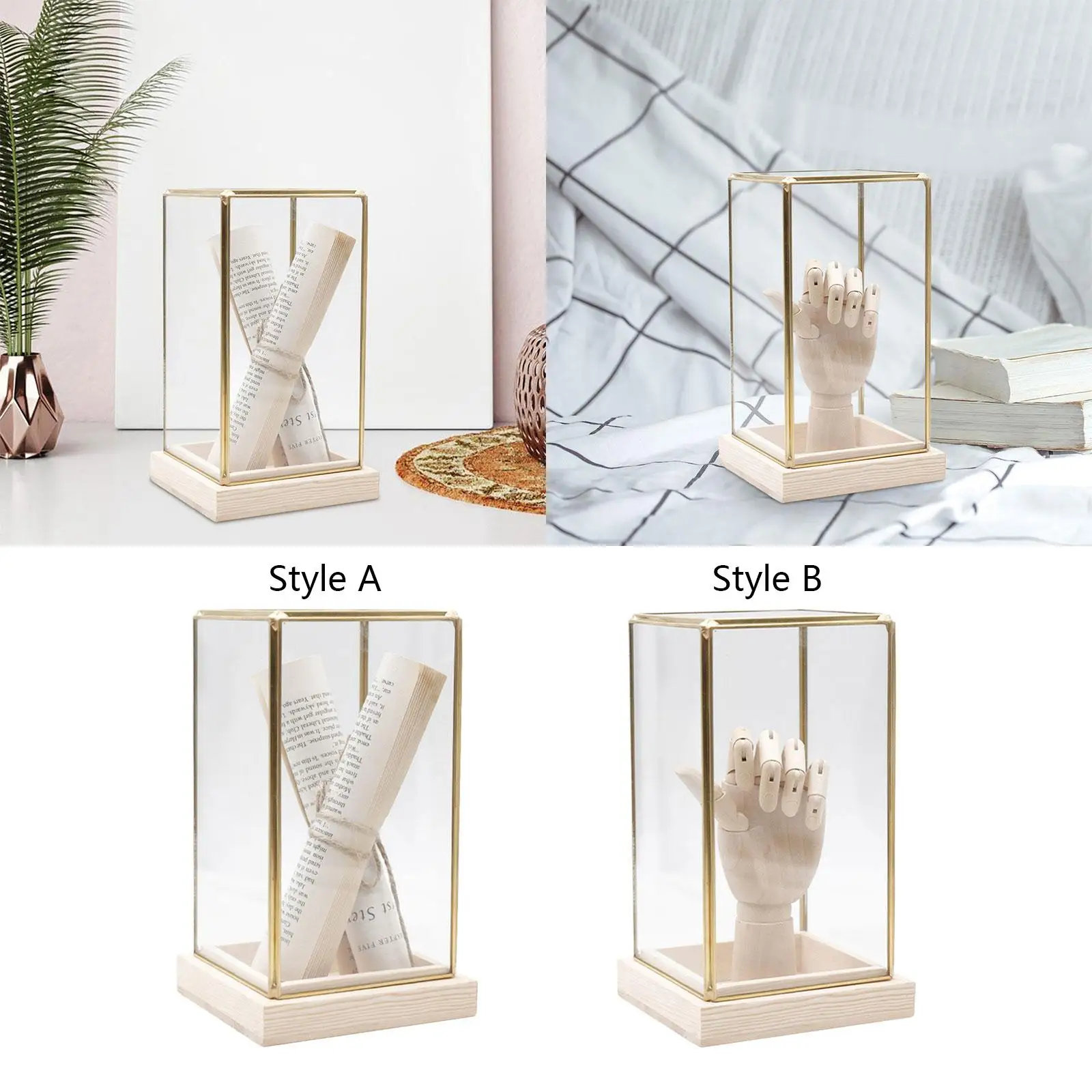 Countertop Display Case Ornament Transparent 11.5x11.5x20cm Brass Frame Showcase Wood Base for Collectibles Toy Versatile