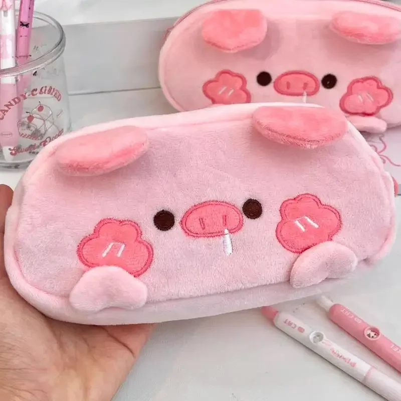 1PCS 귀여운 메이크업 가방 대용량 플러시 작은 곰 작은 돼지 연필 케이스 휴대용 문구 보관 주머니 지퍼 펜 케이스