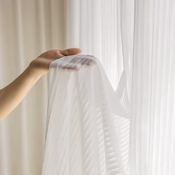 Elegant Striped Privacy Sheer Curtains - White Chiffon Tulle Drapes - W100cm x H130cm 1PC (WHITE)