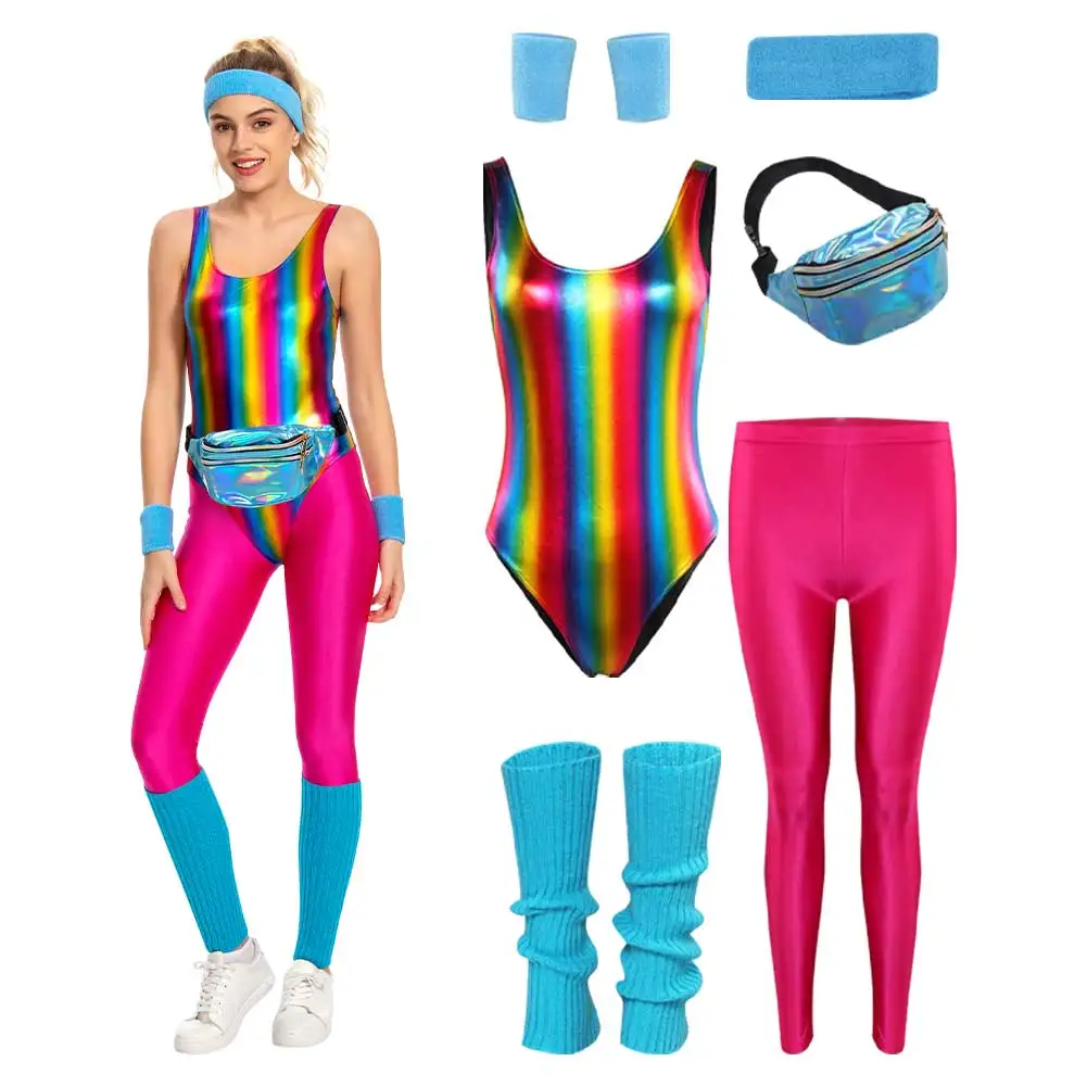 Disfraz Años 80 Para Mujer – Set Completo Con Camiseta, Pantalones, Guantes, Collar, Pendientes Y Pulseras Neón