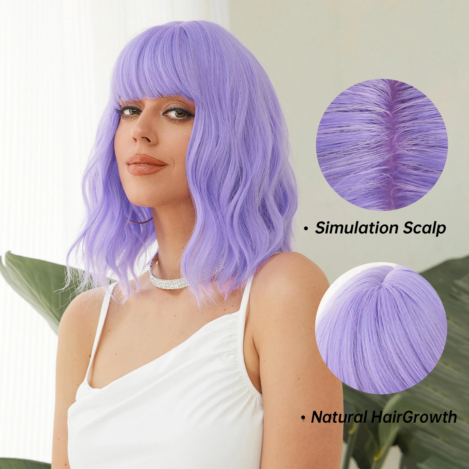 Bob Light Purple Curly Synthetic Wigs Short Wavy Wigs with Bangs