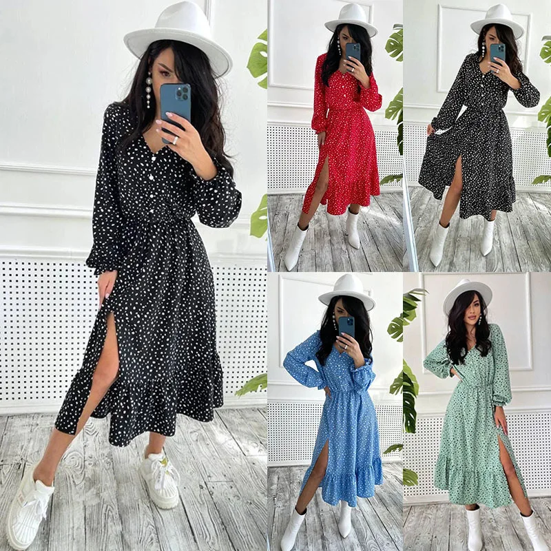 

Women's V-neck fashion casual polka dot long dress open beach ared sleeve dress elastic waist dress ruffle layer dress