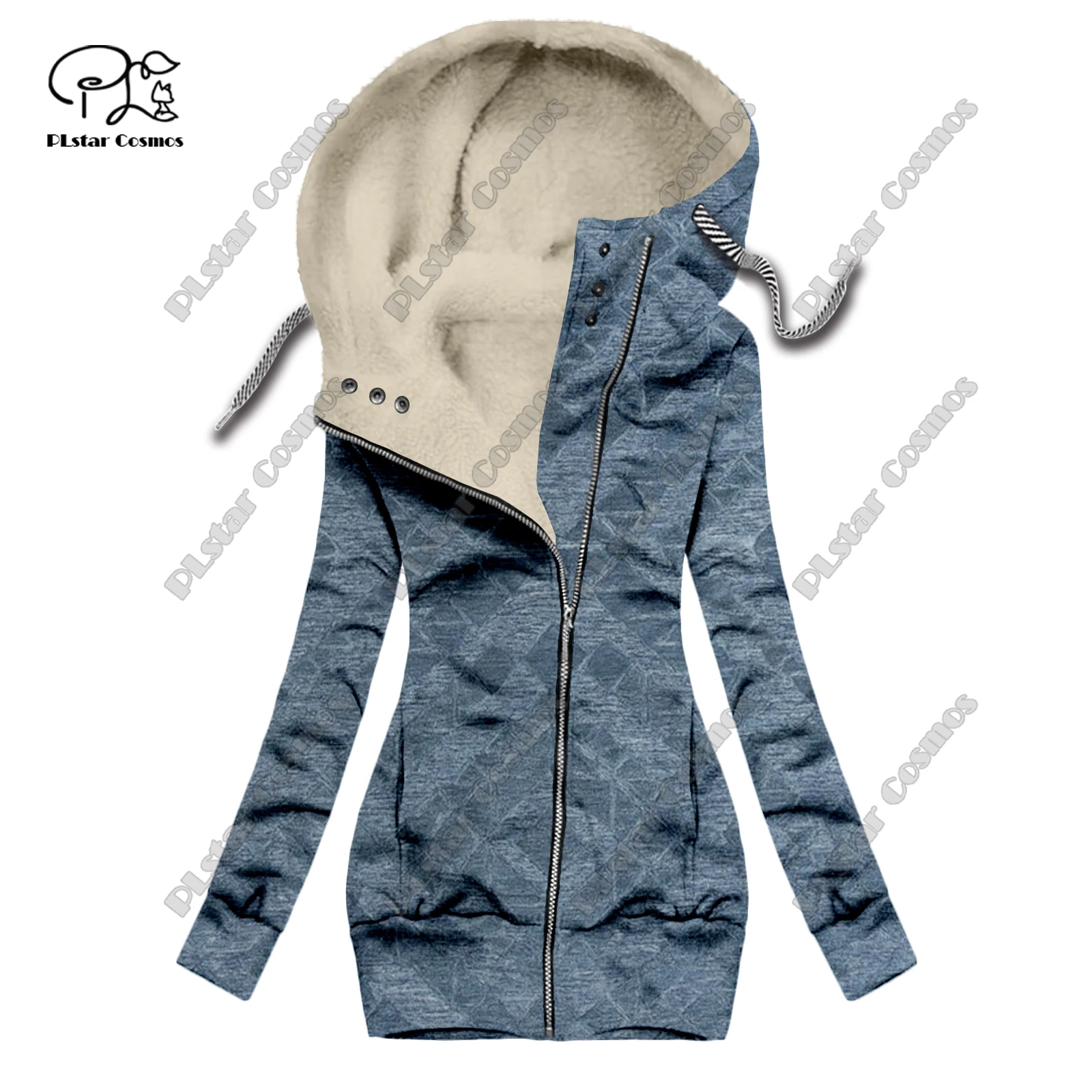 New 3D printing retro series carpet print pattern plus velvet warm women's long zipper hoodie jacket commuting casual winter F-6