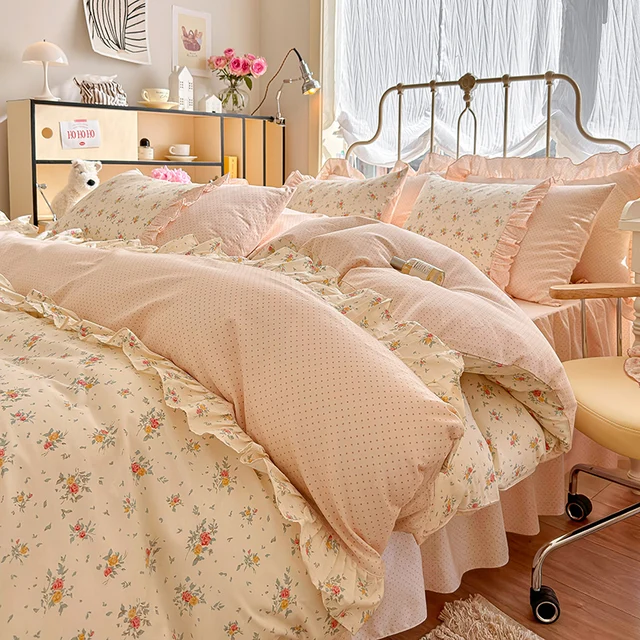Ensemble de housse de couette 100% coton, 3 pièces (1 * housse de couette + 2 * taie d'oreiller, sans noyau), ensemble de literie en dentelle coréenne, doux et confortable 4