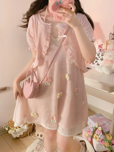 Conjunto de cardigã oco com cordões feminino, roupas kawaii doce, rosa,  flores, laço, botões de pérola