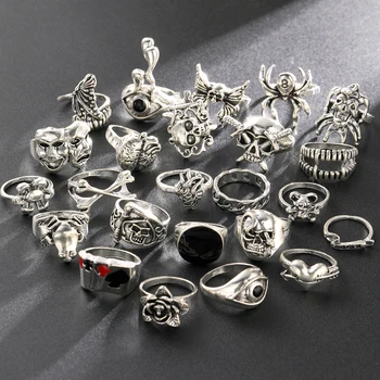 24 Pcs Gothic Skeleton Unisex Ring Set Punk Grunge Butterfly Frog Woman Man Jewelry Hip Hop Party Street Ring Accessories Gift 1