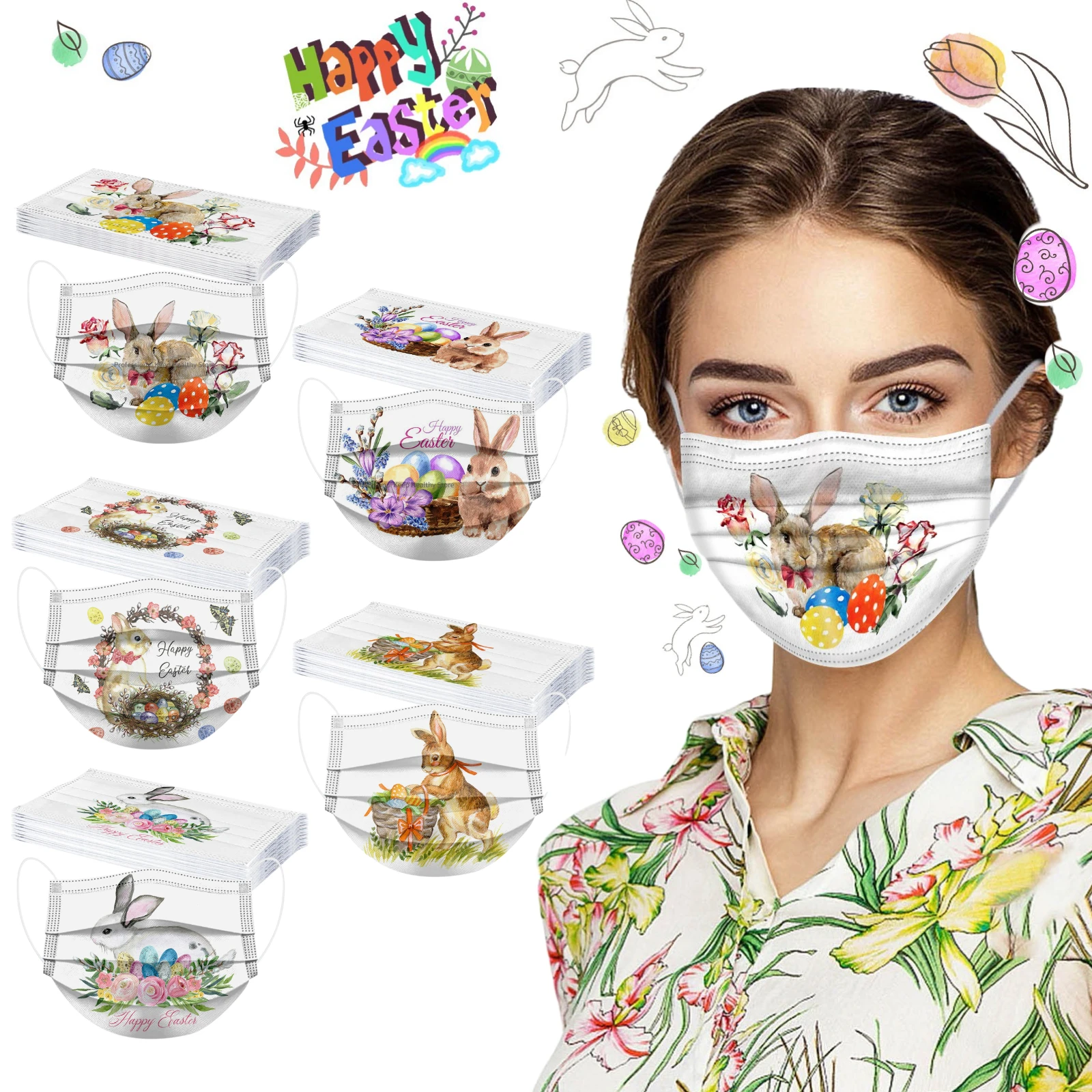 10PC Adult Man Women Happy Easter Disposable Face masque 3Ply Ear Loop маски mascarilla Protective Breathable Mask masque 2