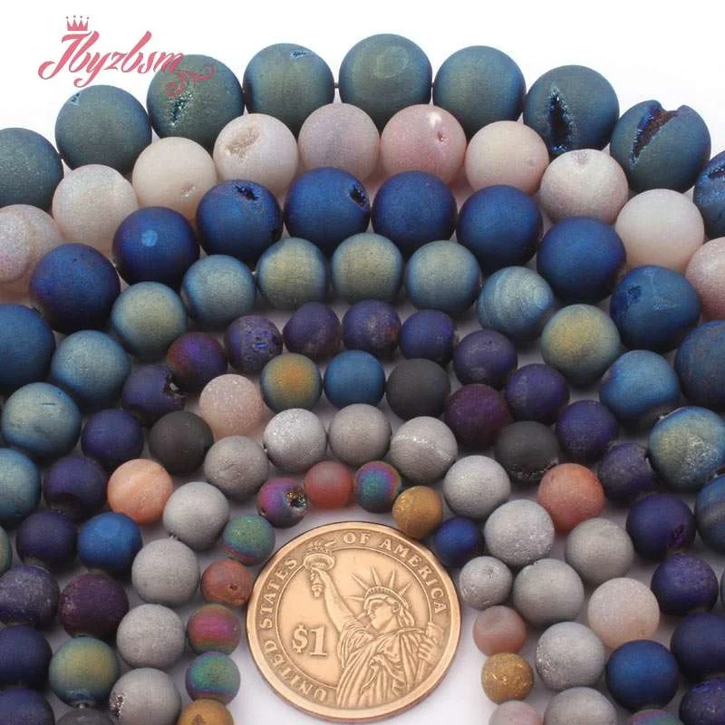 

6,8,10,12,14mm Round Metallic Coated Druzy Agates Loose Spacer Beads for Women Men DIY Necklace Bracelets Jewelry Making 15"