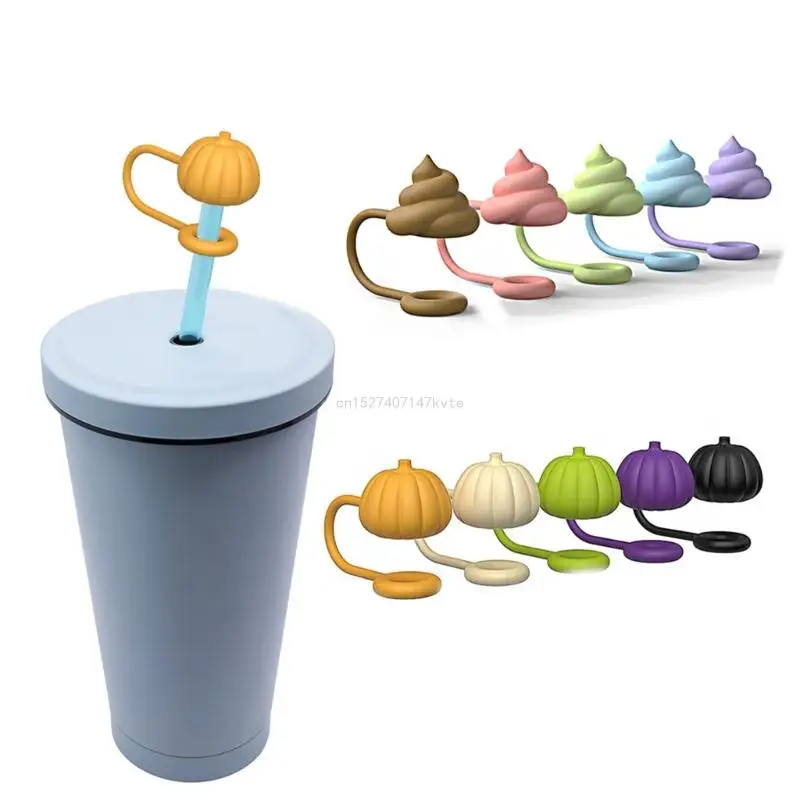 5Pcs Silicone Straw Cover Caps Stool/Pumpkin DustProof Drinking Straw Caps  Plugs Reusable Straw Tip Lid for Tumblers Cup