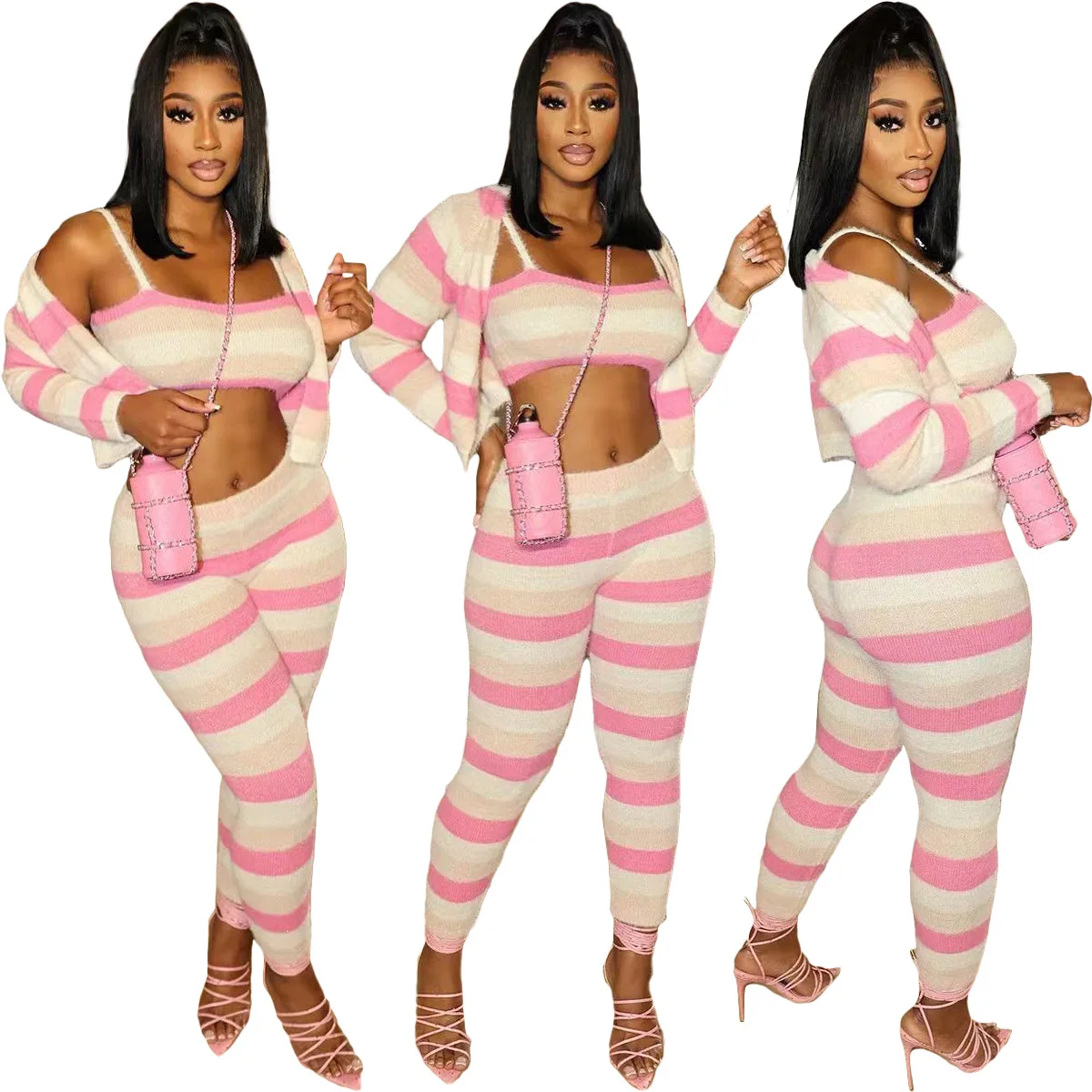 European and American fashion women's clothing knitted colorful sports casual suit (three-piece set) ensemble femme 2 pièces