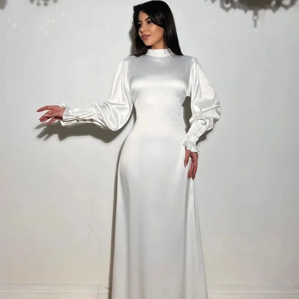 

Elegant Evening Dress New White High Neck STRAIGHT Party Prom Gowns Button Draped Full Sleeves Simple Vestidos De Fiesta D10217
