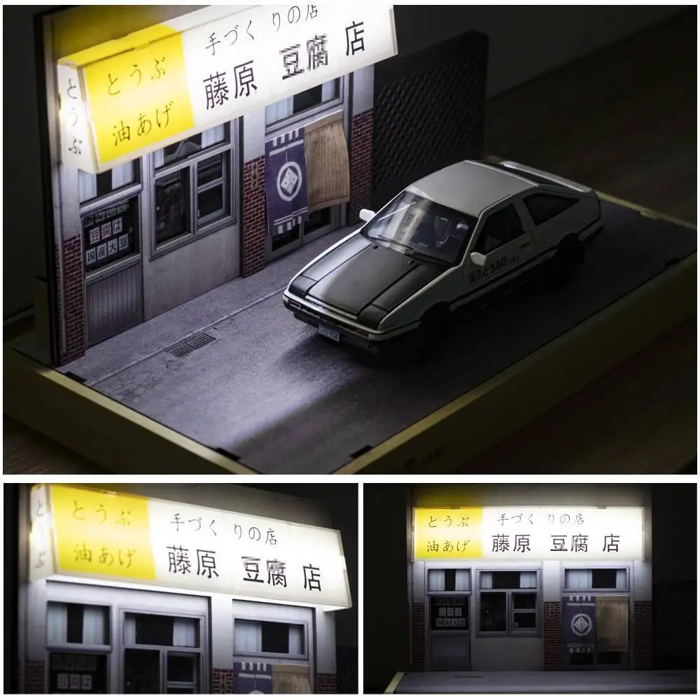 1:32 이니셜 D AE86 후지와라 두부 가게 차고 디스플레이 케이스, PVC 주차장 모델 시뮬레이션 미니어처 주차 공간 장면