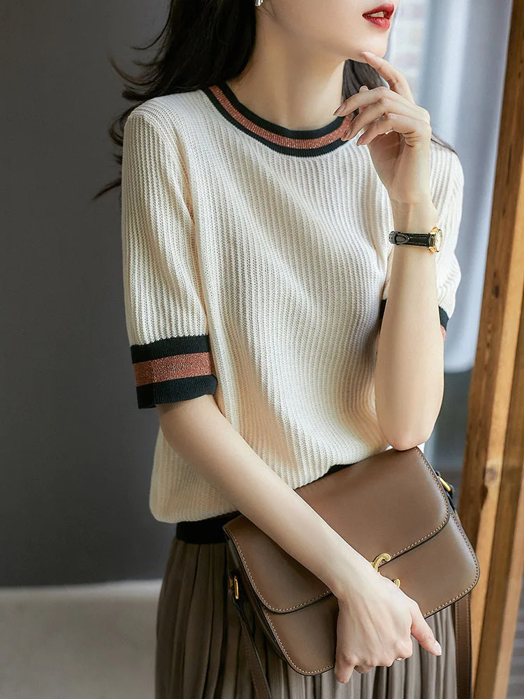 

Striped T Shirt Women Knitted T-shirts 2023 Summer Thin Short Sleeve T Shirts Casual O Neck Womens Tops Korean Woman Clothing
