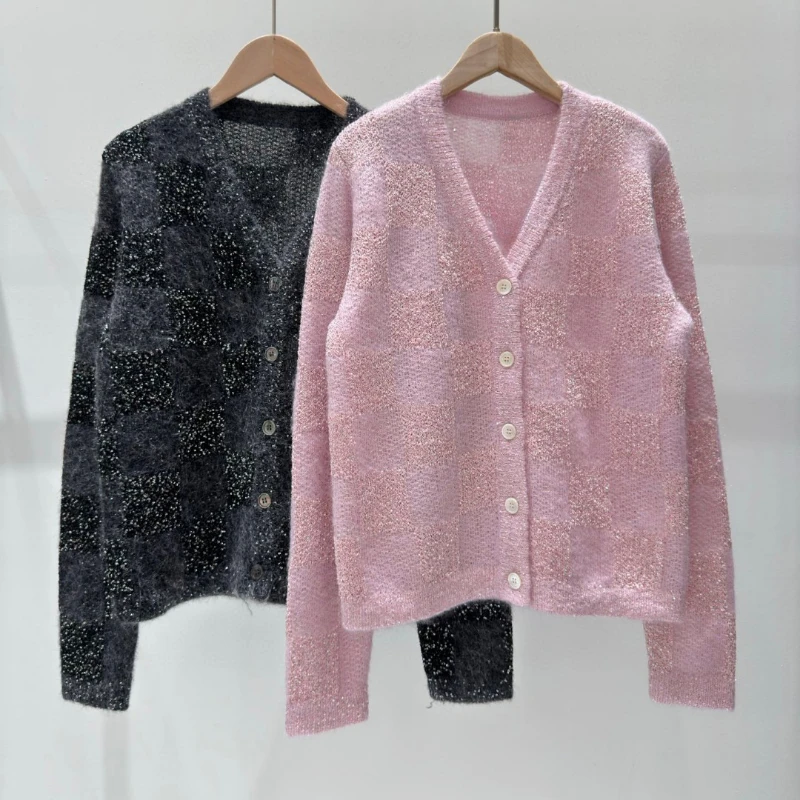 

2023 Autumn and Winter New V-neck Mohair Wool Knitted Cardigan for Women Checkerboard Sequin Outer Top