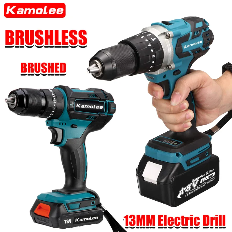 Kamolee 무선 브러시리스 임팩트 드릴 전기 스크루 드라이버, 가정용 DIY 전동 공구, 마키타 18V 배터리용, 13mm, 10mm
