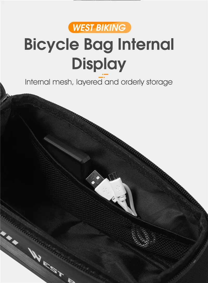 WEST BIKING Bicycle Top Tube Bag 2.2l Large Capacity Waterproof Bicycle Front Frame Bag Touch Screen 7.4 Inch Phone Holder