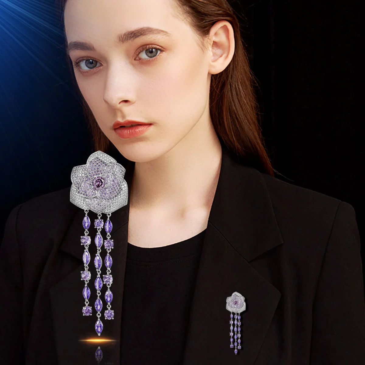 Spring New Retro Elegant Long Tassel Camellia Woman Brooches Luxury Cubic Zirconia Temperament Corsage Dress Accessories Pin