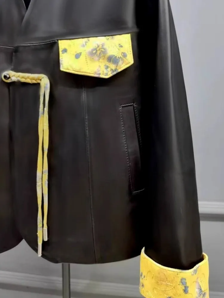 Women New Chinese Style Long Sleeve Genuine Leather Jacket V-Neck Printed Patchwork Casual Outwear Design Sheepskin Short Coat