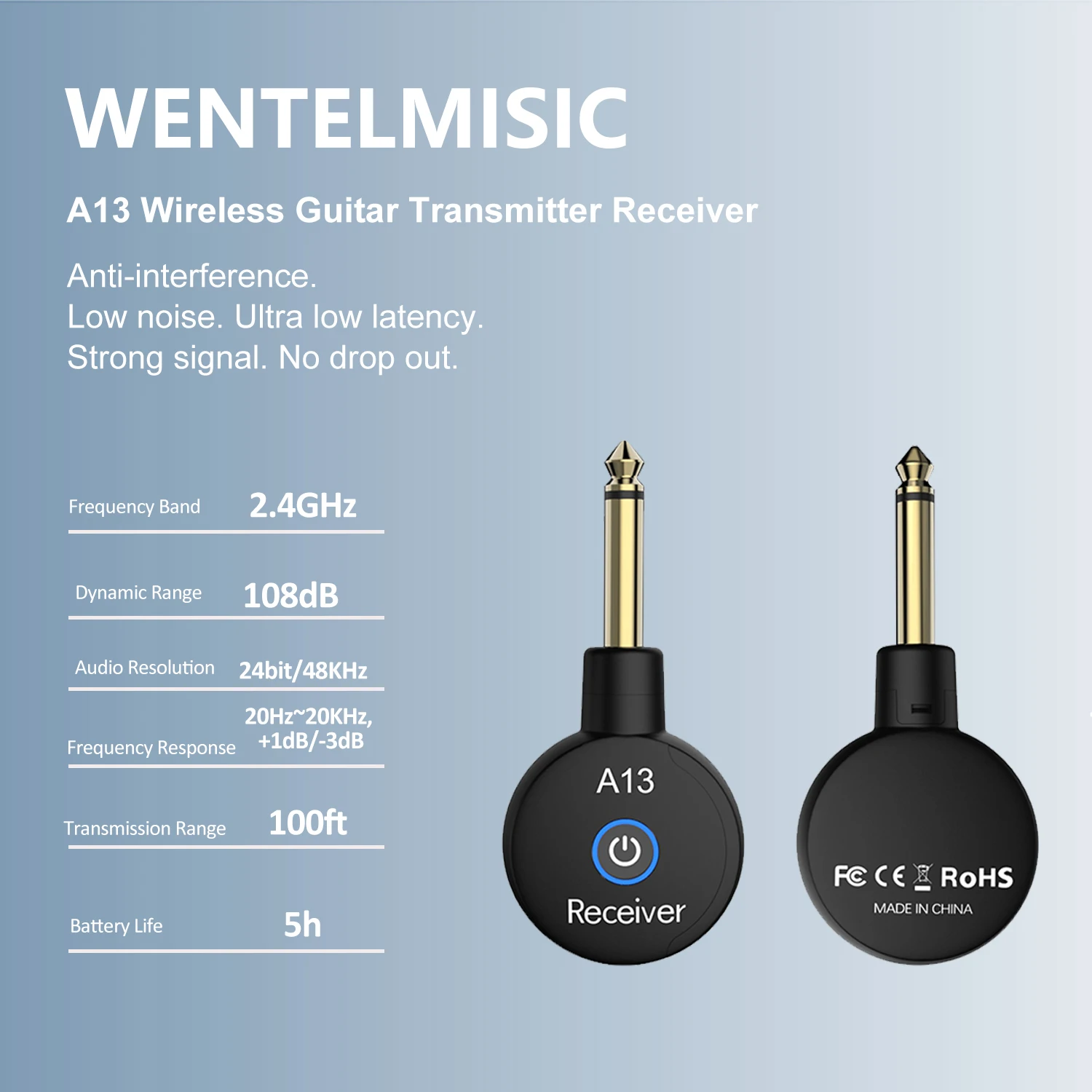 Wireless Guitar System 2.4GHz Mini Wireless Guitar System Rechargeable Audio Wireless Guitar Transmitter Receiver for Bass Electric Instruments
