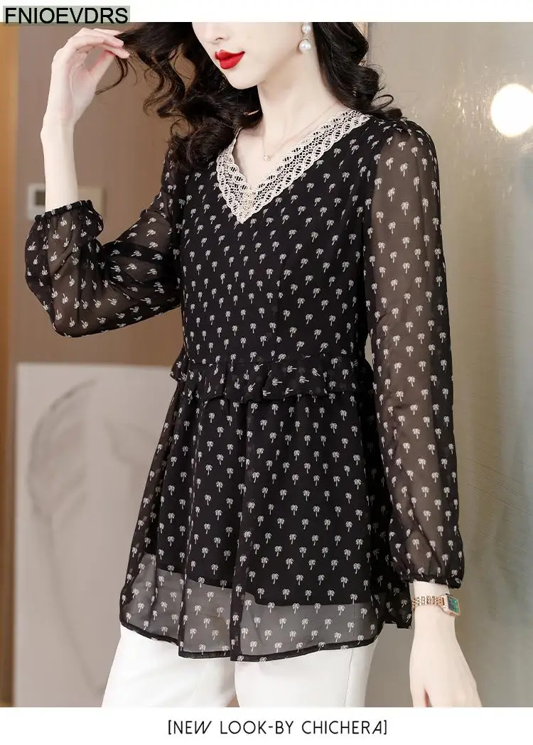 M-5XL 2023 Women European Style Office Lady Long Shirt Patchwork Lace Floral Print Ruffle Belly Black Tunic Peplum Top Blouse