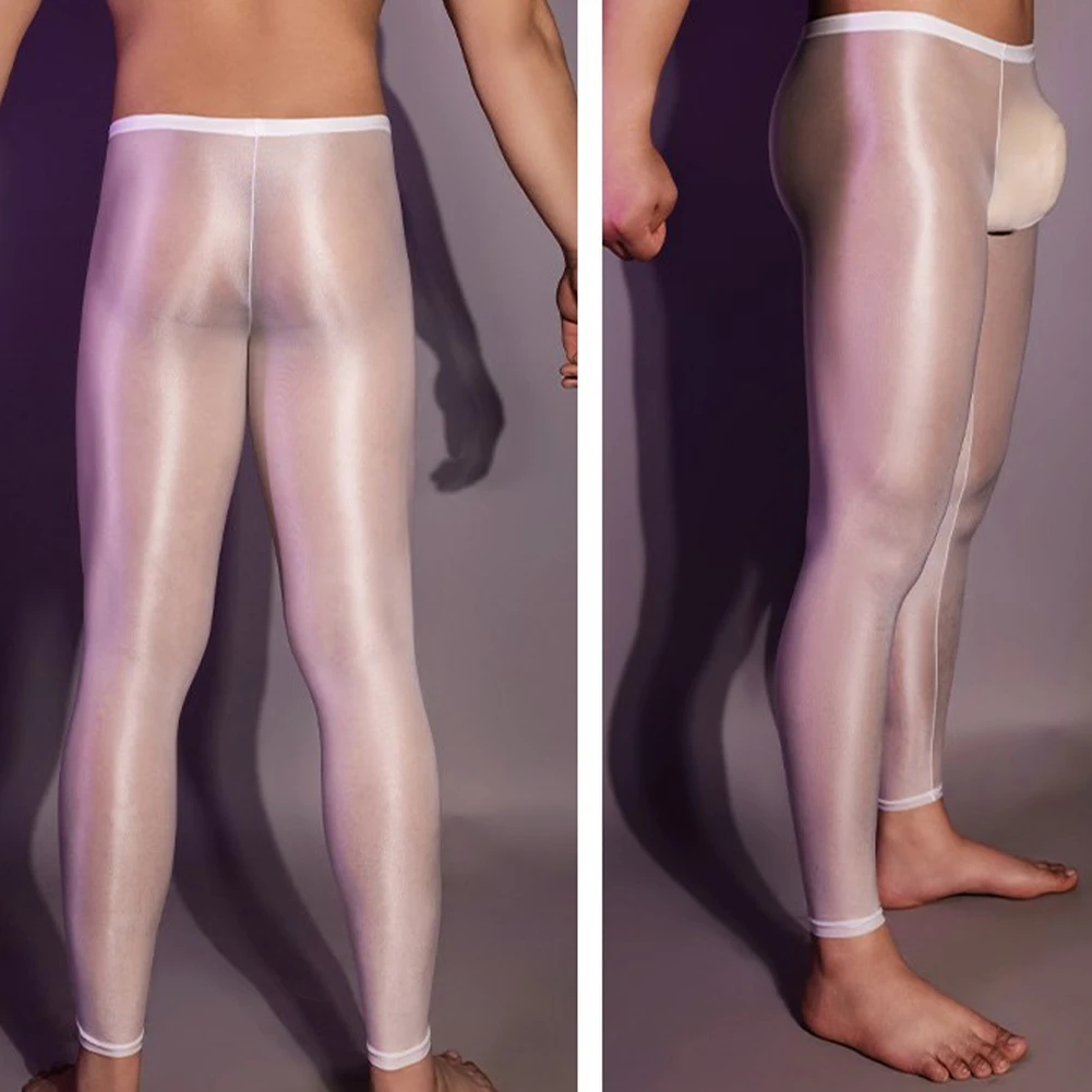 Mens Thin Oil Shiny Glossy Leggings See Through Underwear Sexy Long Pants Skinny Trousers Enhance Penis Pouch Bulge Bodystocking