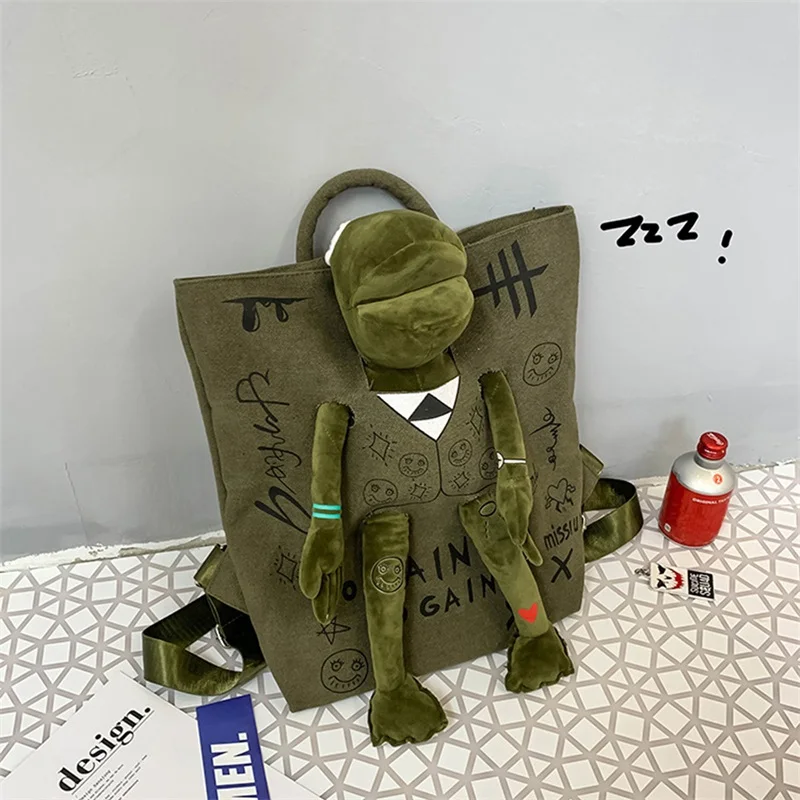 

Ladies Men Backpack Graffiti Inlaid Plush Frog Monster Zipper Large Capacity School Backpack Travel Adjustable Outdoor Backpack