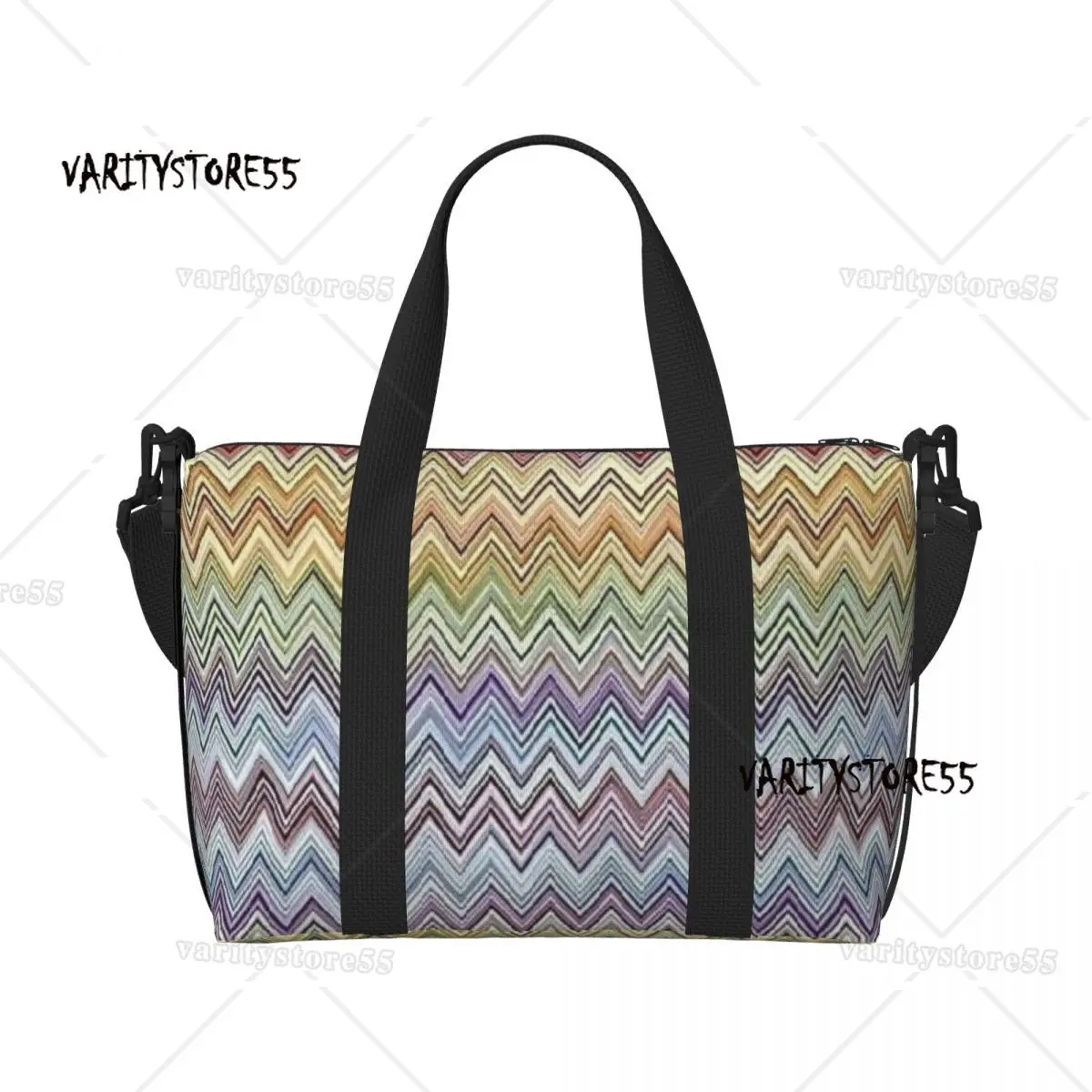 Boho Chic Modern Zigzags Beach Tote Bag for Women Extra Large Gym Carry On Geometric Multicolor Travel Shopping Bags
