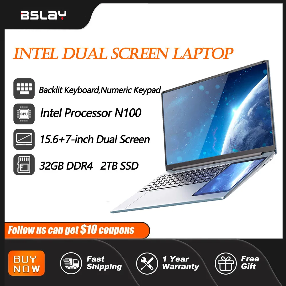 노트북 15.6 + 7 인치 인텔 N100, 32GB DDR4 2TB SSD 백라이트 키패드, 1920*1080 화면, 5400 mAh 지문 잠금 해제, 180 ° 접이식 컴퓨터