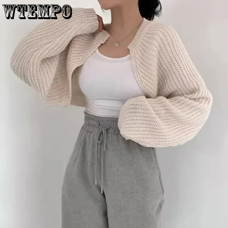 

WTEMPO New 2024 Chic Korean Fashion Short Knitted Cardigans Solid Poncho Women Spring Fall Elegant Vintage Ladies Knitwear Tops