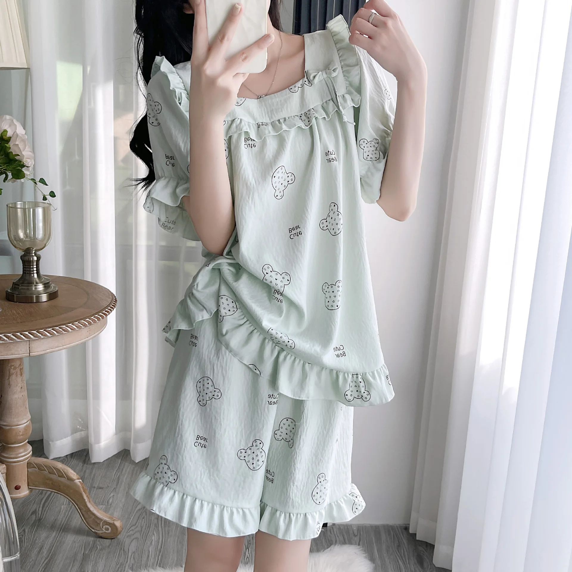 Summer Woman Sweet Kawaii Two-Piece Pajama Set Fashion Bubble Short Sleeve Loungewear Korean Style Shorts Pajamas Clothes
