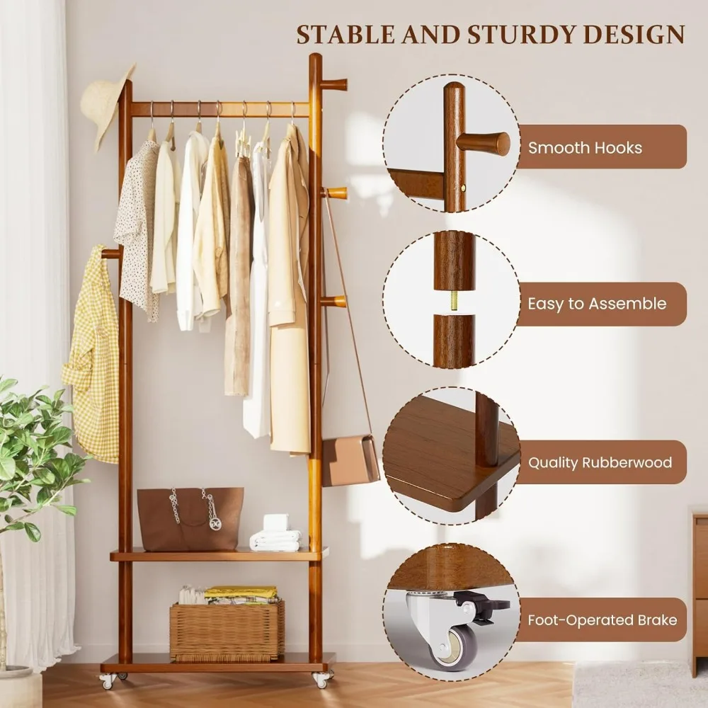 Freestanding Wooden Coat Rack with Wheels, 2 Shelves, and 5 Hooks for Storage and Hat Display