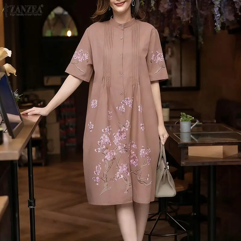ZANZEA Thin Women Dress Summer Spring Half Sleeve Party Pleated Floral Print Knee Length Sundress Streetwear OL Work Vestidos 2